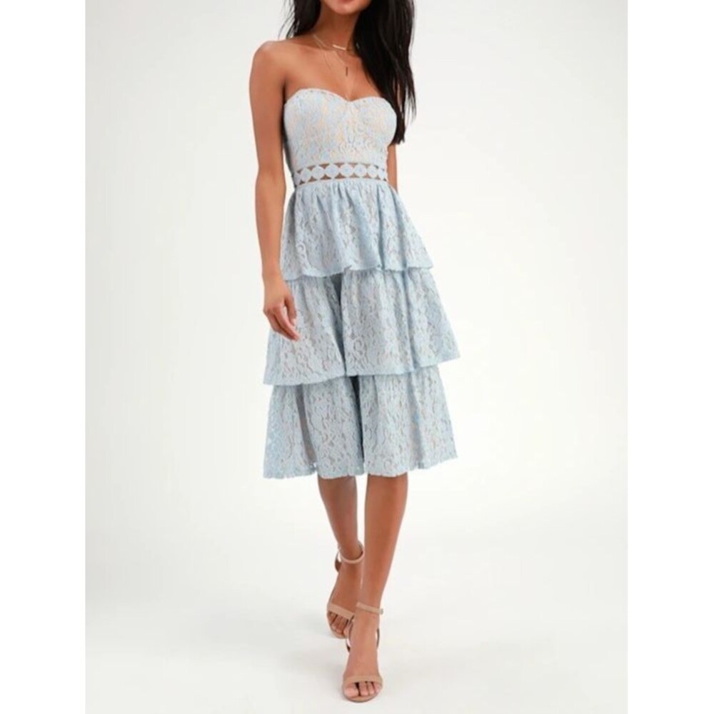 Lulus Dress Adorn Light Blue Lace Strapless Midi XSMALL